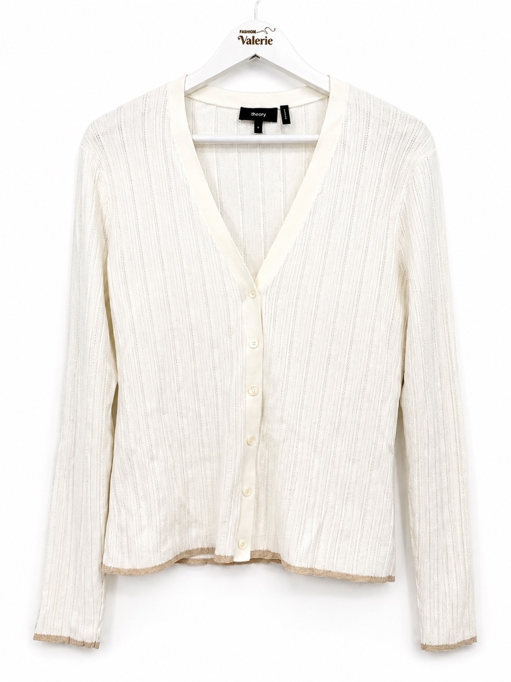 Theory Open Knit White & Tan Cardigan Top Preppy Designer Size Medium